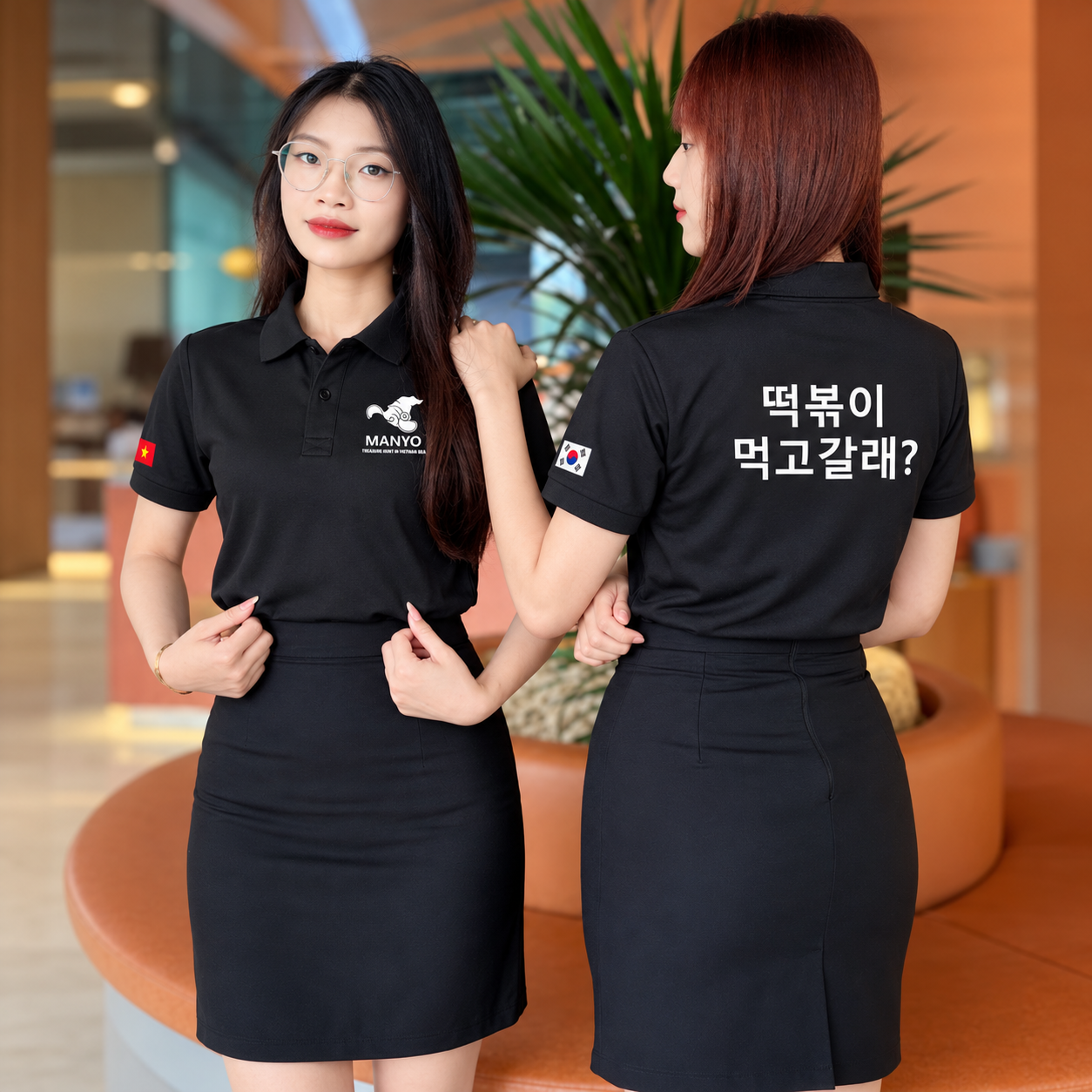 Mặt sau áo đồng phục nhà hàng màu đen in slogan tiếng Hàn nổi bật
