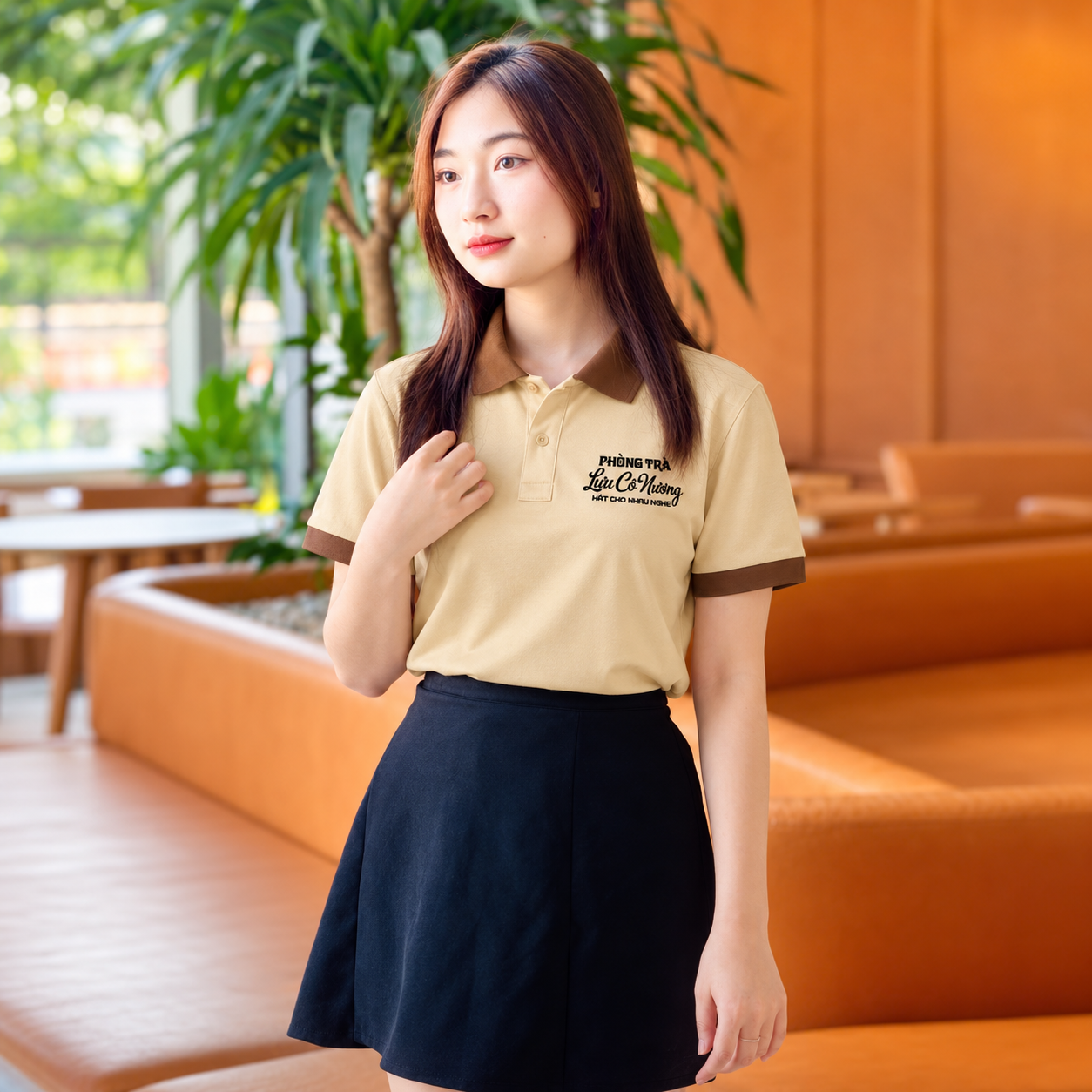 Người mẫu nữ mặc áo polo đồng phục quán trà màu kem phối nâu