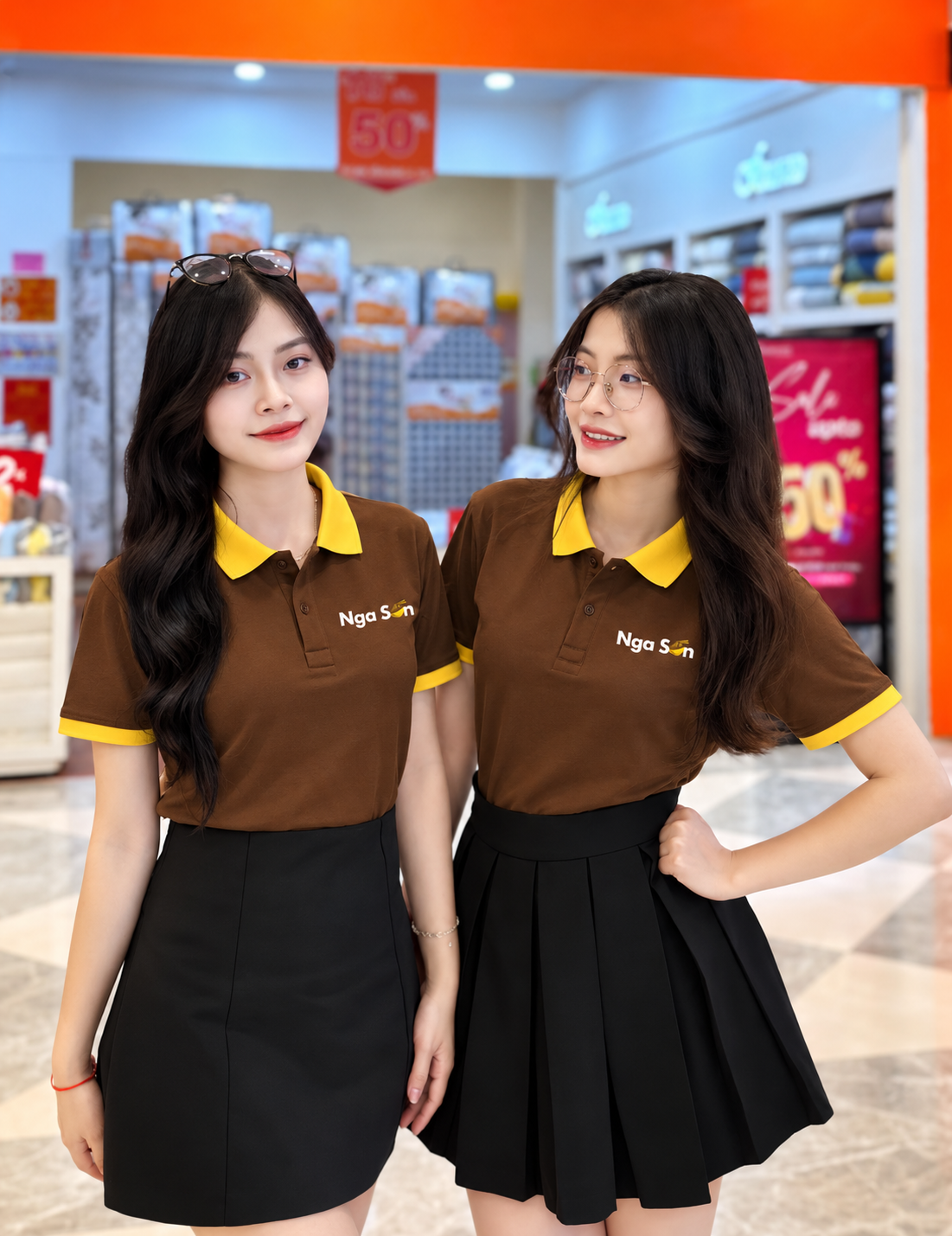Mẫu nam nữ mặc áo thun đồng phục nâu phối vàng kết hợp chân váy và quần tây đen.