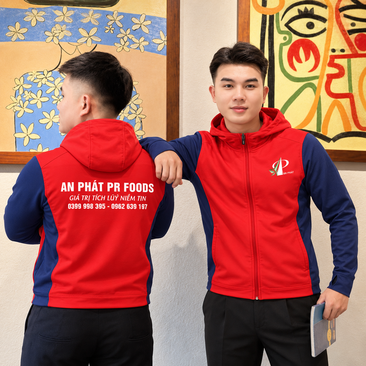 Mặt trước và sau mẫu áo khoác đồng phục, logo slogan in sắc nét 