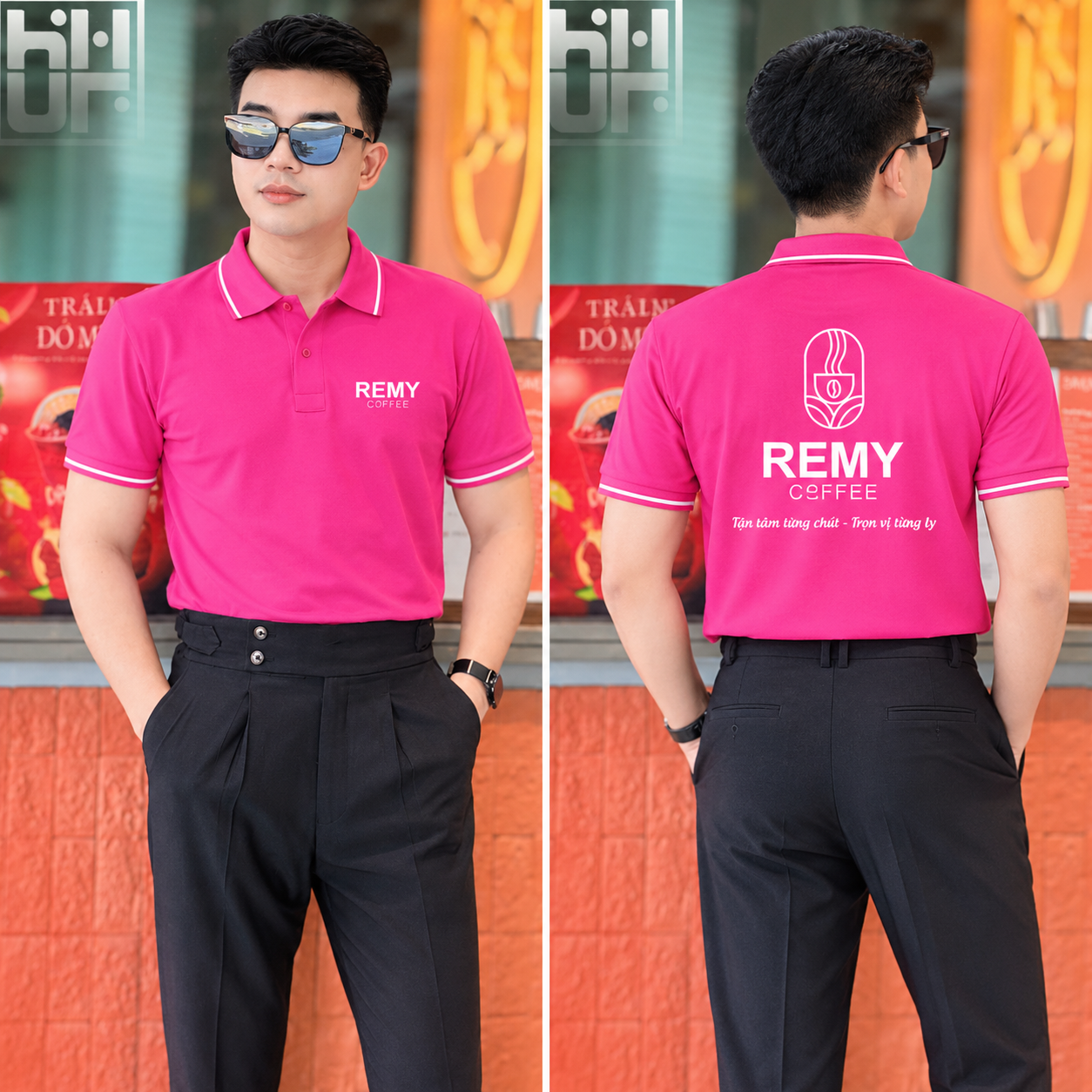 Mặt trước và sau áo đồng phục REMY COFFEE màu hồng với biểu tượng cà phê và slogan màu trắng