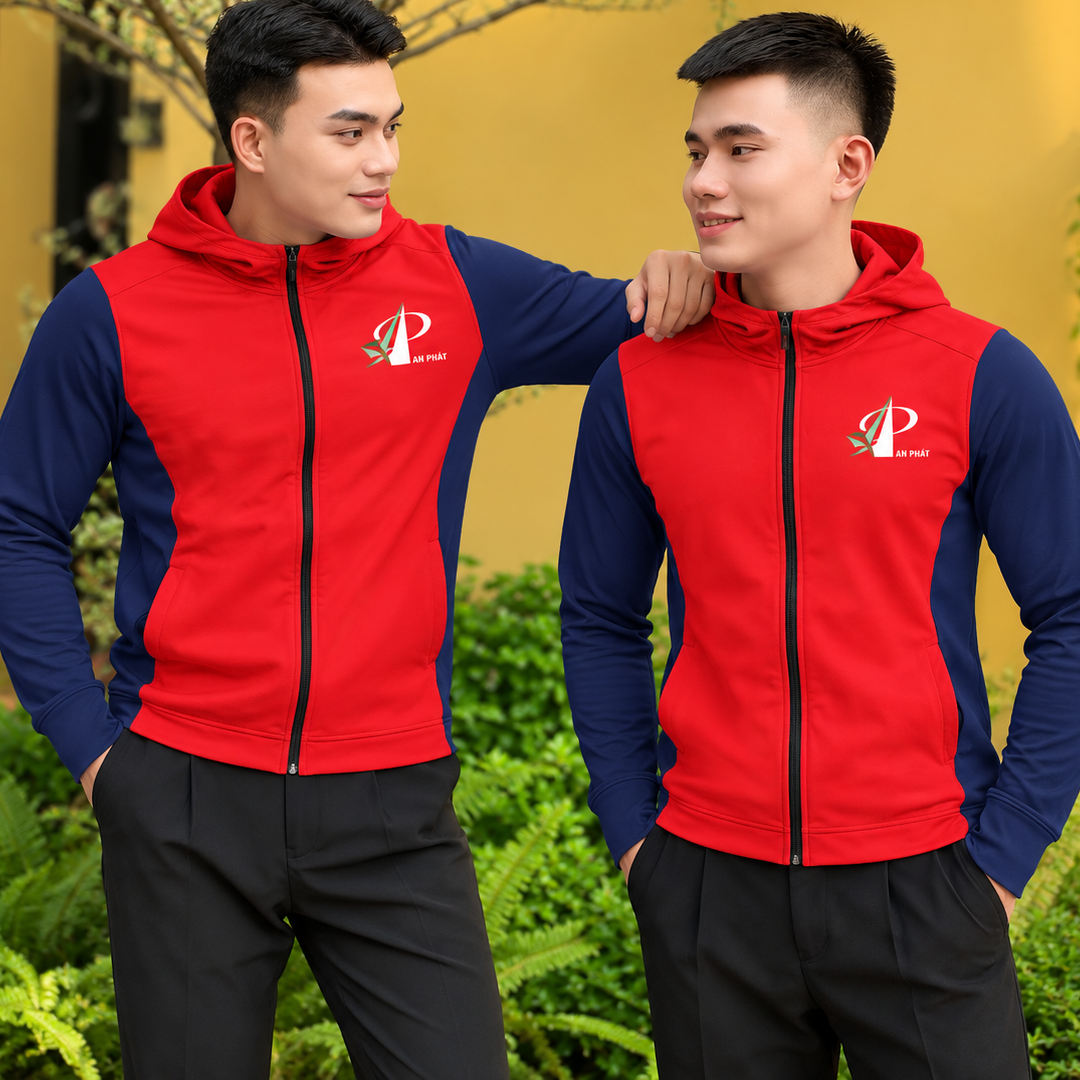 Hai mẫu nam mặc mẫu áo khoác đồng phục đỏ phối xanh than