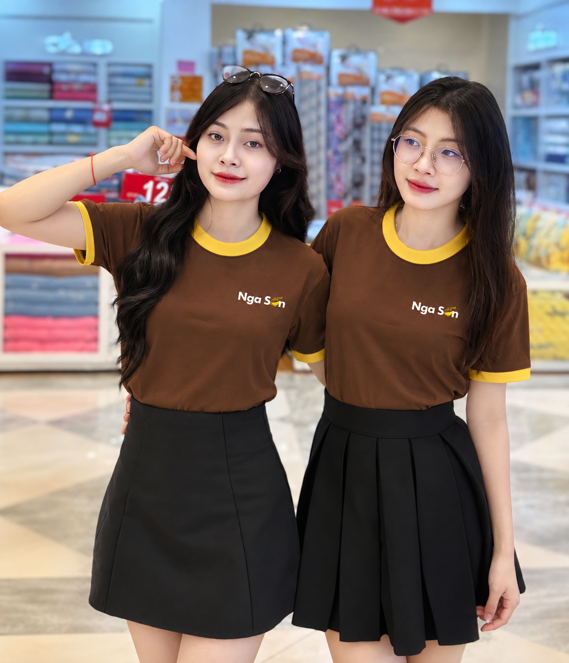 Mẫu nữ mặc áo thun cổ tròn đồng phục nâu phối vàng kết hợp chân váy và quần tây đen.