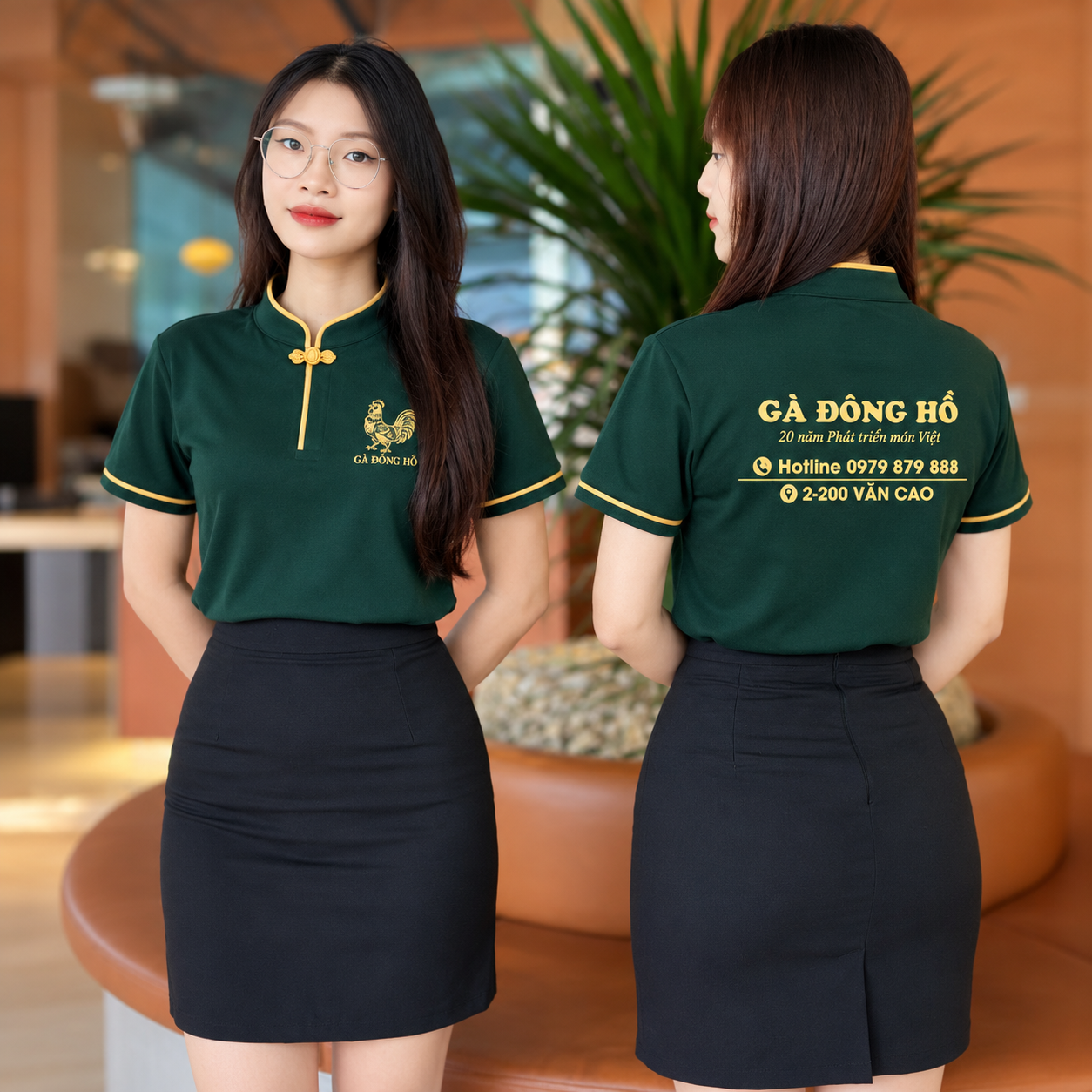 Mặt trước và sau áo đồng phục nhà hàng Gà Đông Hồ màu xanh rêu