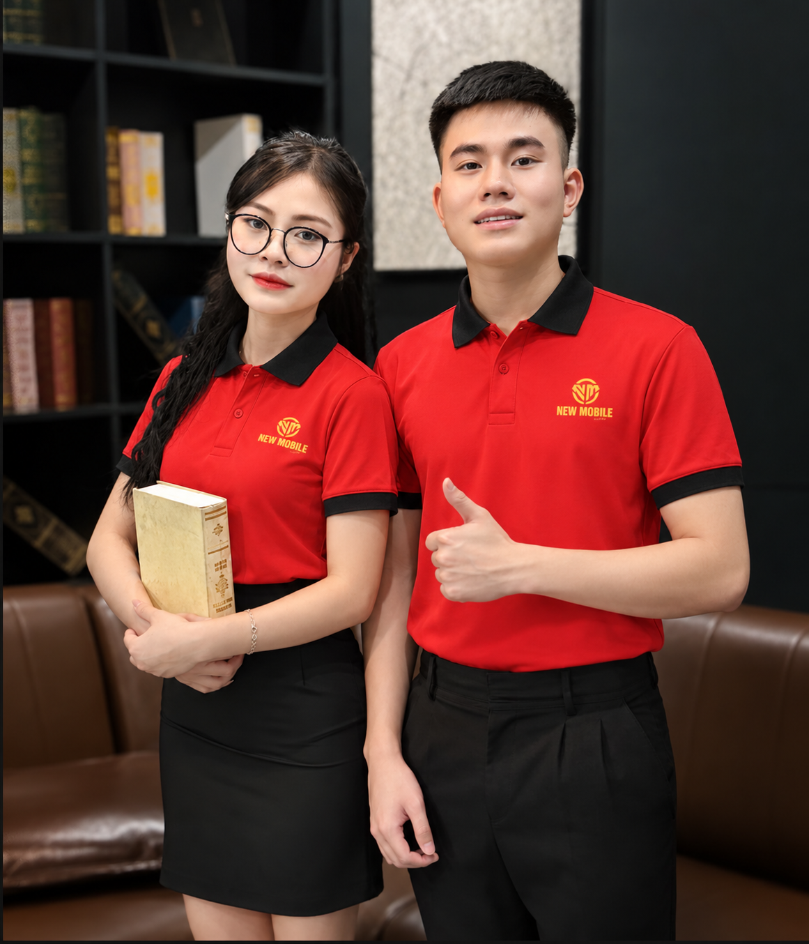 Người mẫu nam nữ mặc áo polo đồng phục New Mobile kết hợp quần tây và chân váy đen