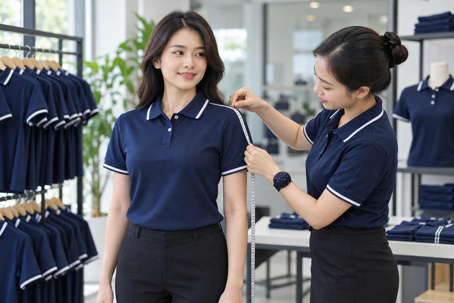Nhân viên thử áo đồng phục để lựa chọn size phù hợp