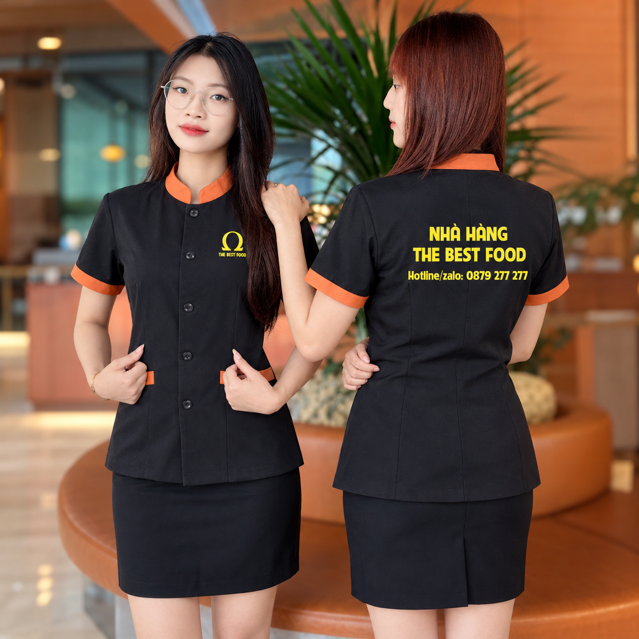 Mẫu đồng phục nhà hàng màu đen phối cam THE BEST FOOD mặt trước và mặt sau