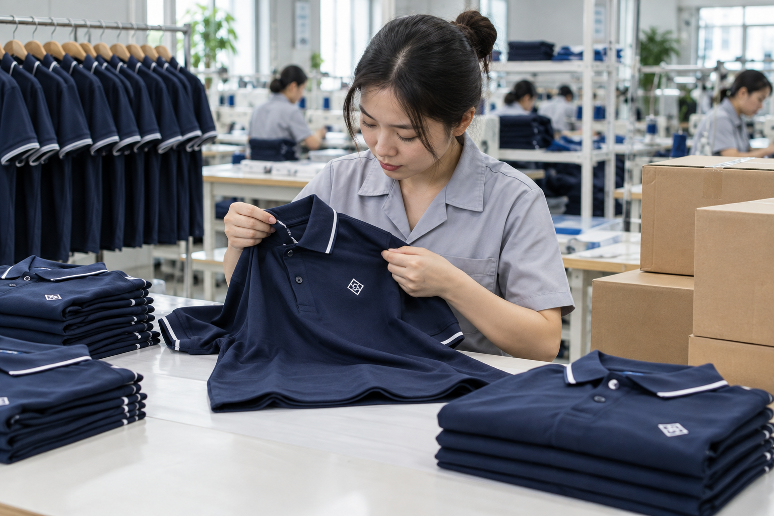 Kiểm tra đường may và logo áo đồng phục trước khi đóng gói giao hàng
