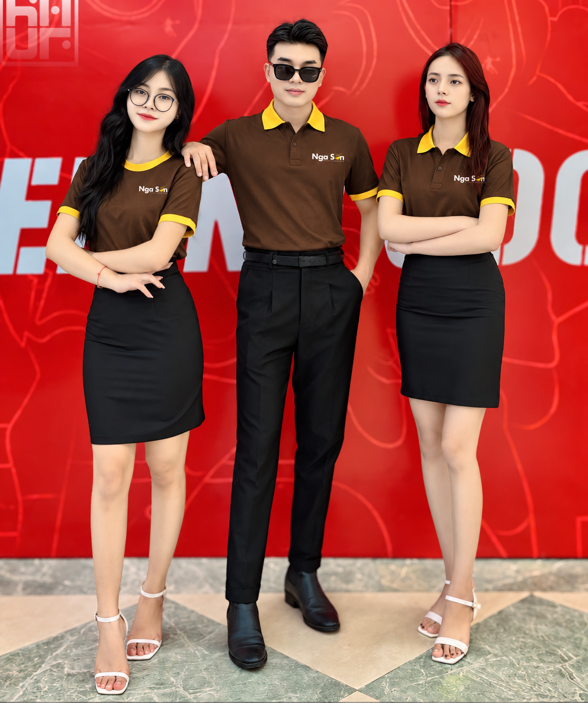 Mẫu nam nữ mặc cả 2 mẫu áo đồng phục hiện đại, trẻ trung