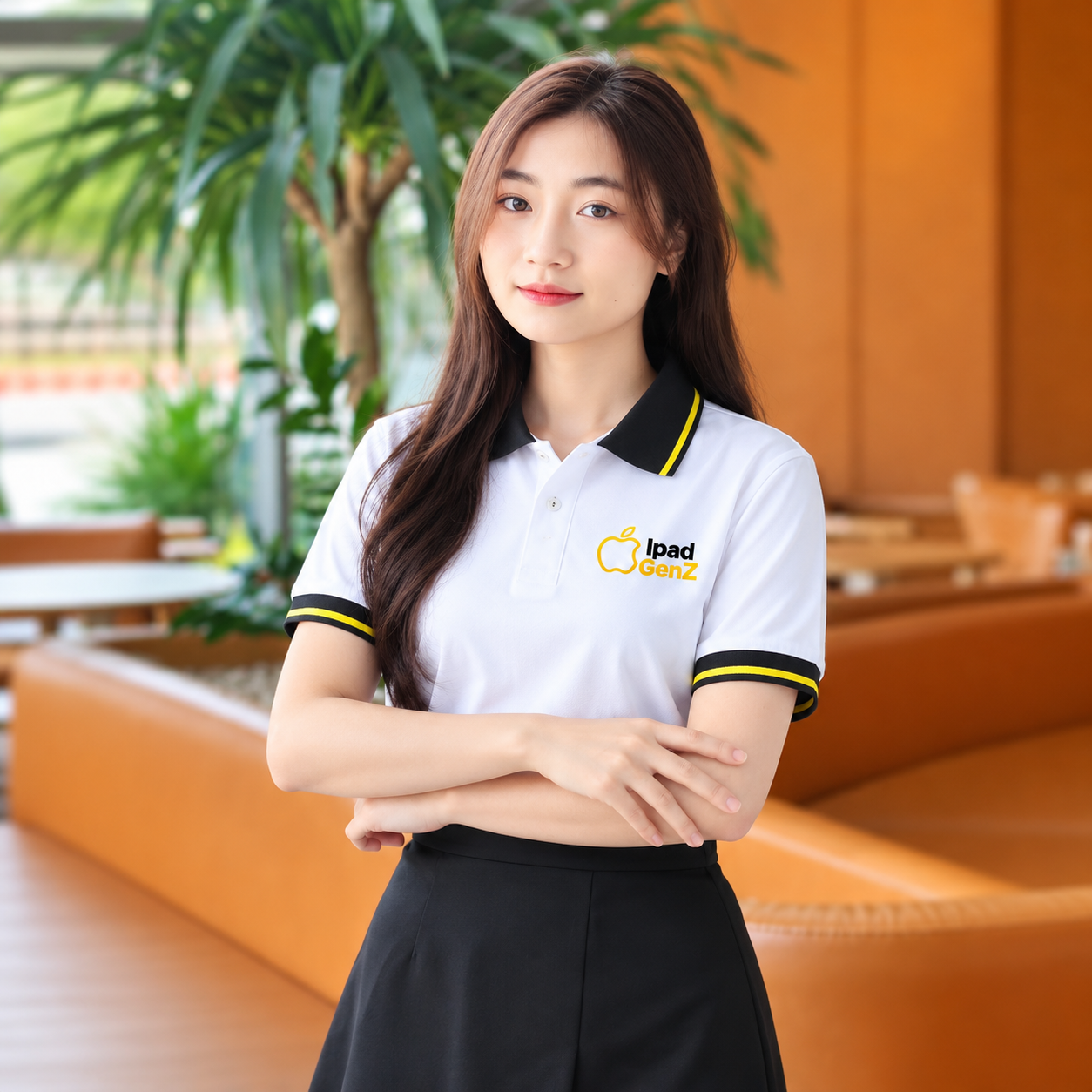 Đồng phục áo polo trắng phối đen vàng dành cho nhân viên nam và nữ